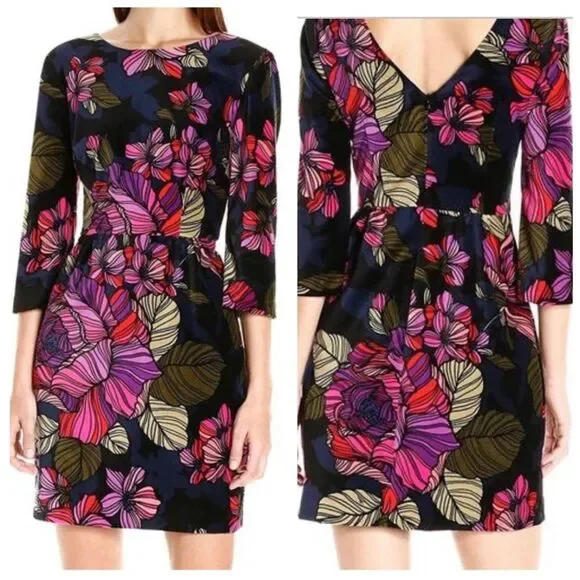 TRINA TURK Velveteen Dress Bold Floral Print Party Dress 3/4 Sleeve Size 0 - Picture 9 of 9
